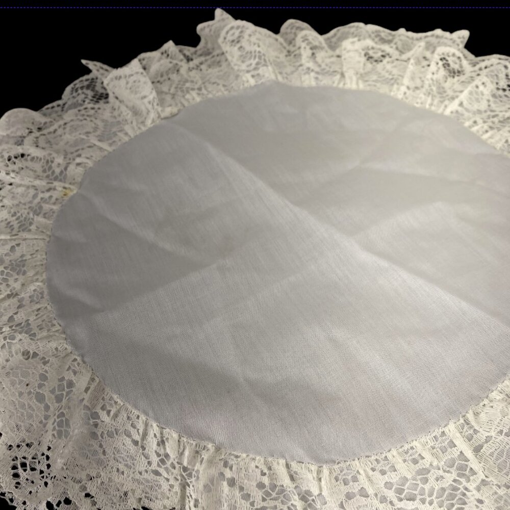 SATIN RING PILLOW -- Vintage 1980, Elastic Hold Strap, Ring Ties, Lace Doily - Picture 4 of 13